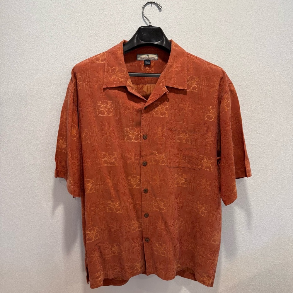 Classic Tommy Bahama Burnt Orange Floral Silk Shirt Size XL